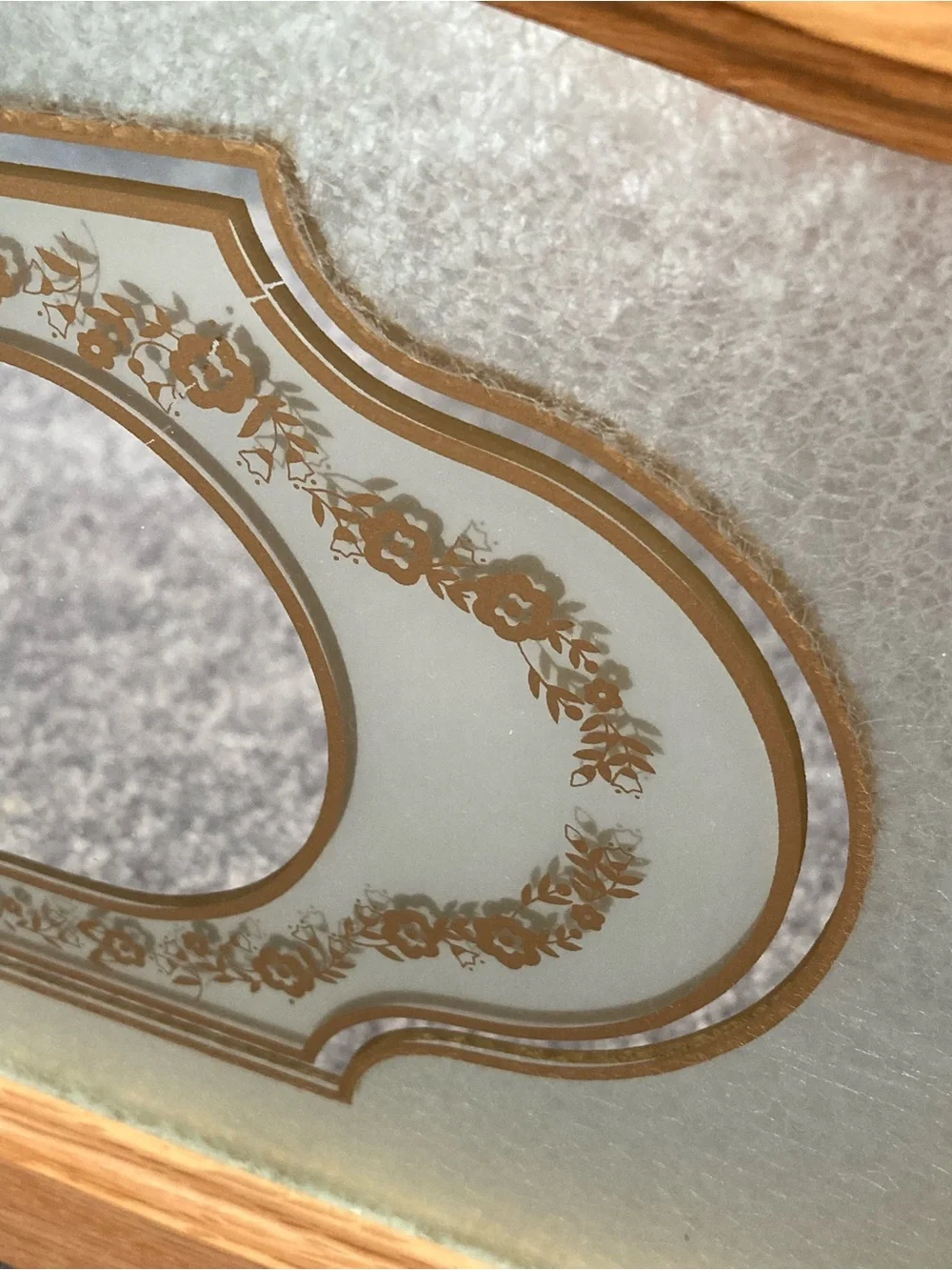 Vintage Oak Framed Etched Glass Floral Accent Wall Mirror Cathedral Arch Cottage